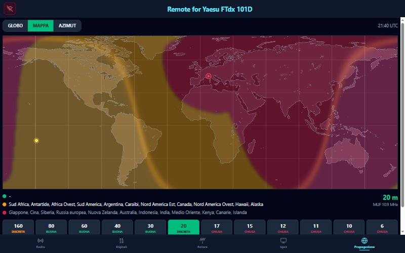 L'app per Windows: la mappa della propagazione sui 20 metri, con le zone aperte, incerte e chiuse